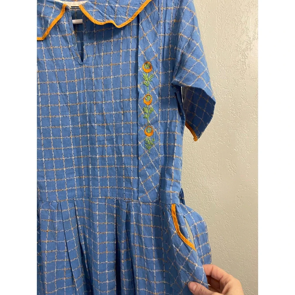Vintage 20's/30's Plaid Girls Dress Cottagecore Pan Collar Floral Embroidery 14